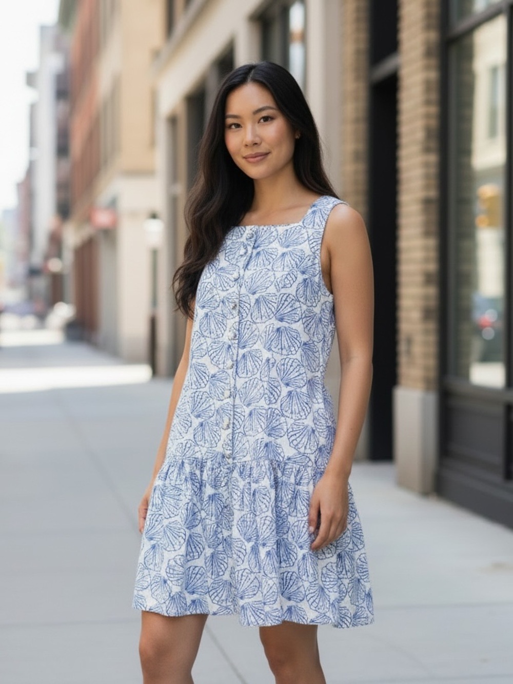 Wayf White Dress with Blue Seashells Pattern Size Small
